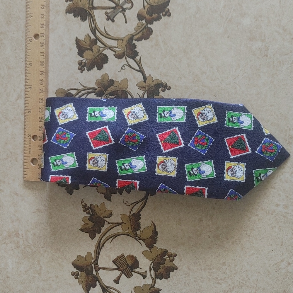 Men's silk tie. Christmas stamps. Navy backgri. Cape Cod Neckware.